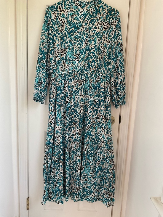 Chico's 3 Teal White Paisley Maxi Dress 24” by 50” v neck ruffle tiered travel - Picture 7 of 11
